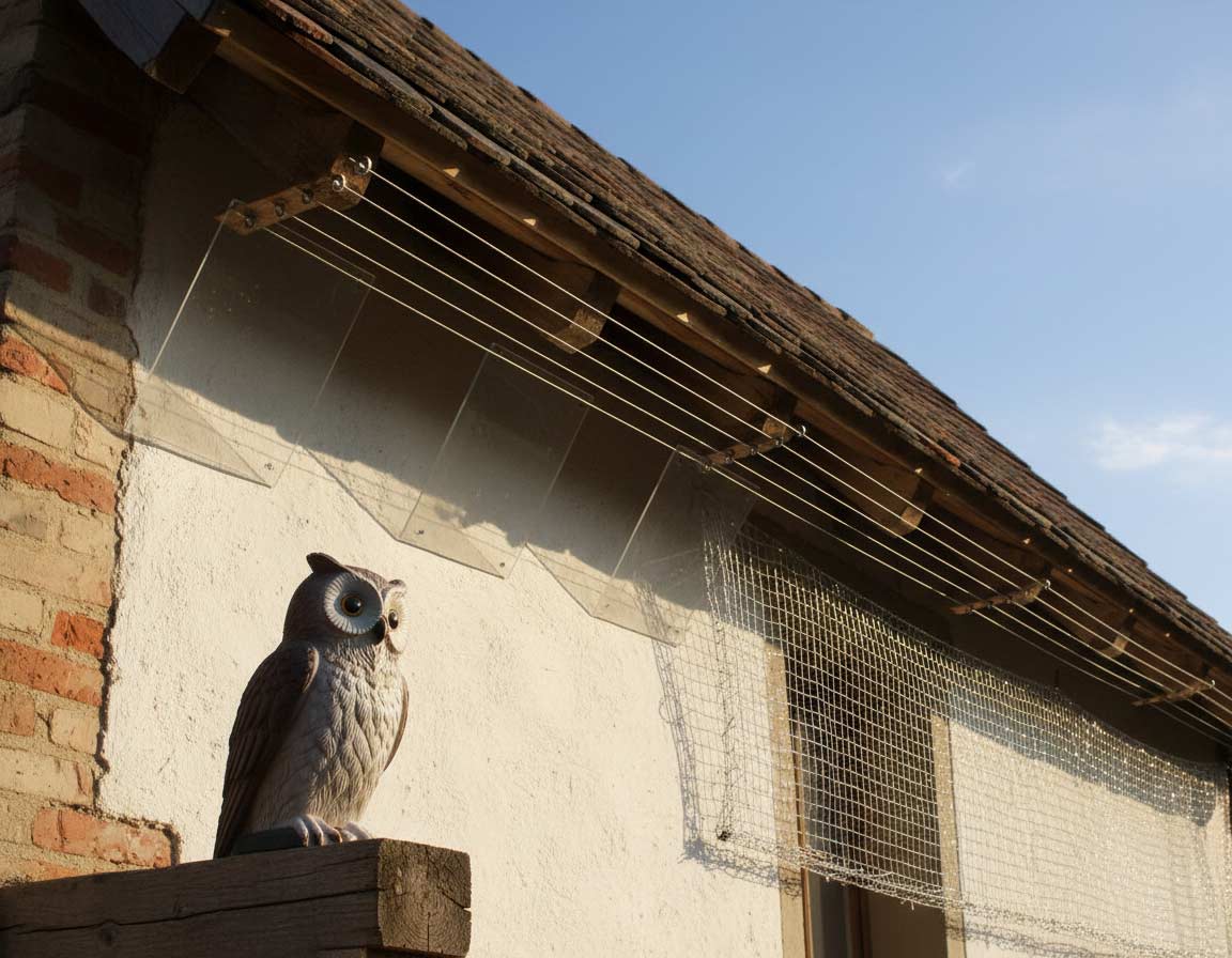 Methoden um Schwalben am Nestbau zu hindern Vogelschutzspikes und Netze an Fassade zum Schutz vor Schwalbennestbau