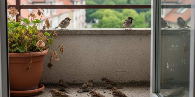 Spatzen auf dem Balkon