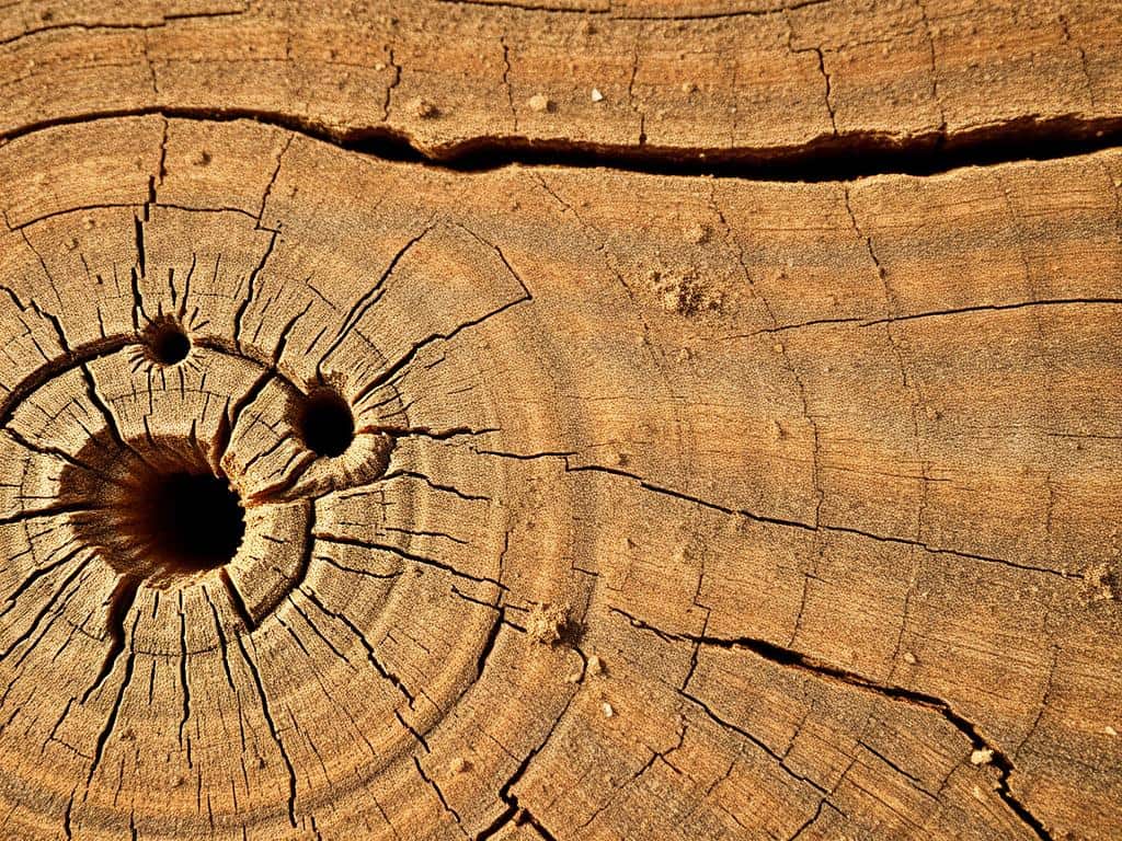 Fraßgänge und Bohrmehl im Holz als typische Anzeichen für Holzschädlinge