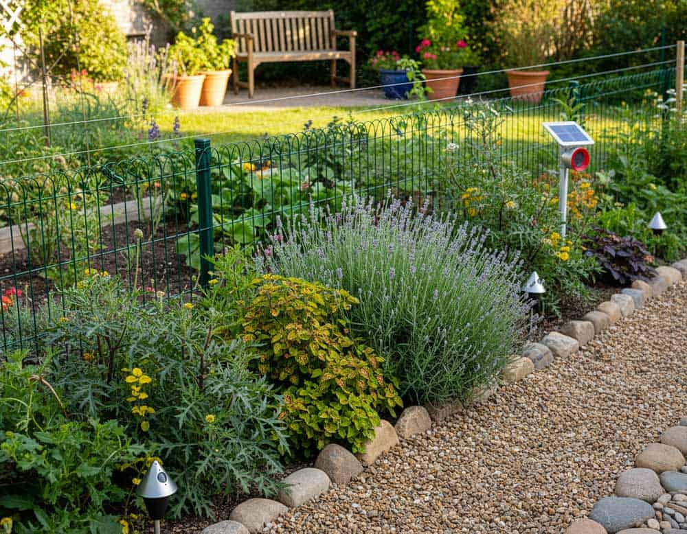 Gartenbereich mit kombinierten Abwehrmaßnahmen gegen Katzen – Pflanzen, Barrieren und Technik Gartenbereich mit kombinierten Abwehrmaßnahmen gegen Katzen – Pflanzen, Barrieren und Technik