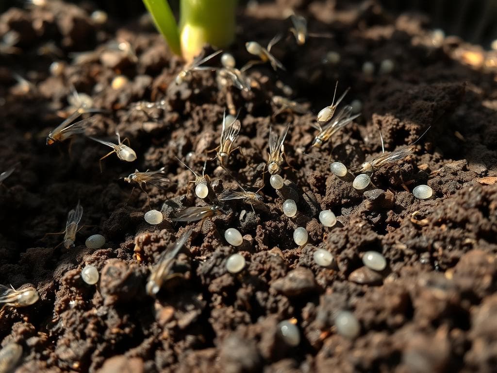 Trauermücken auf feuchter Blumenerde beim Ablegen von Eiern Trauermücken auf feuchter Blumenerde beim Ablegen von Eiern